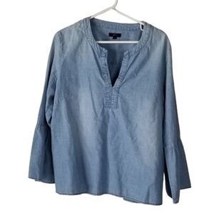 J.CREW Chambray Blue Split Neck Long Bell Sleeve Denim Blouse Size L